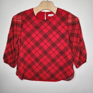 Calvin‎ Klein Red Black Polyester Lined Blouse Top Women's Size XL Textured